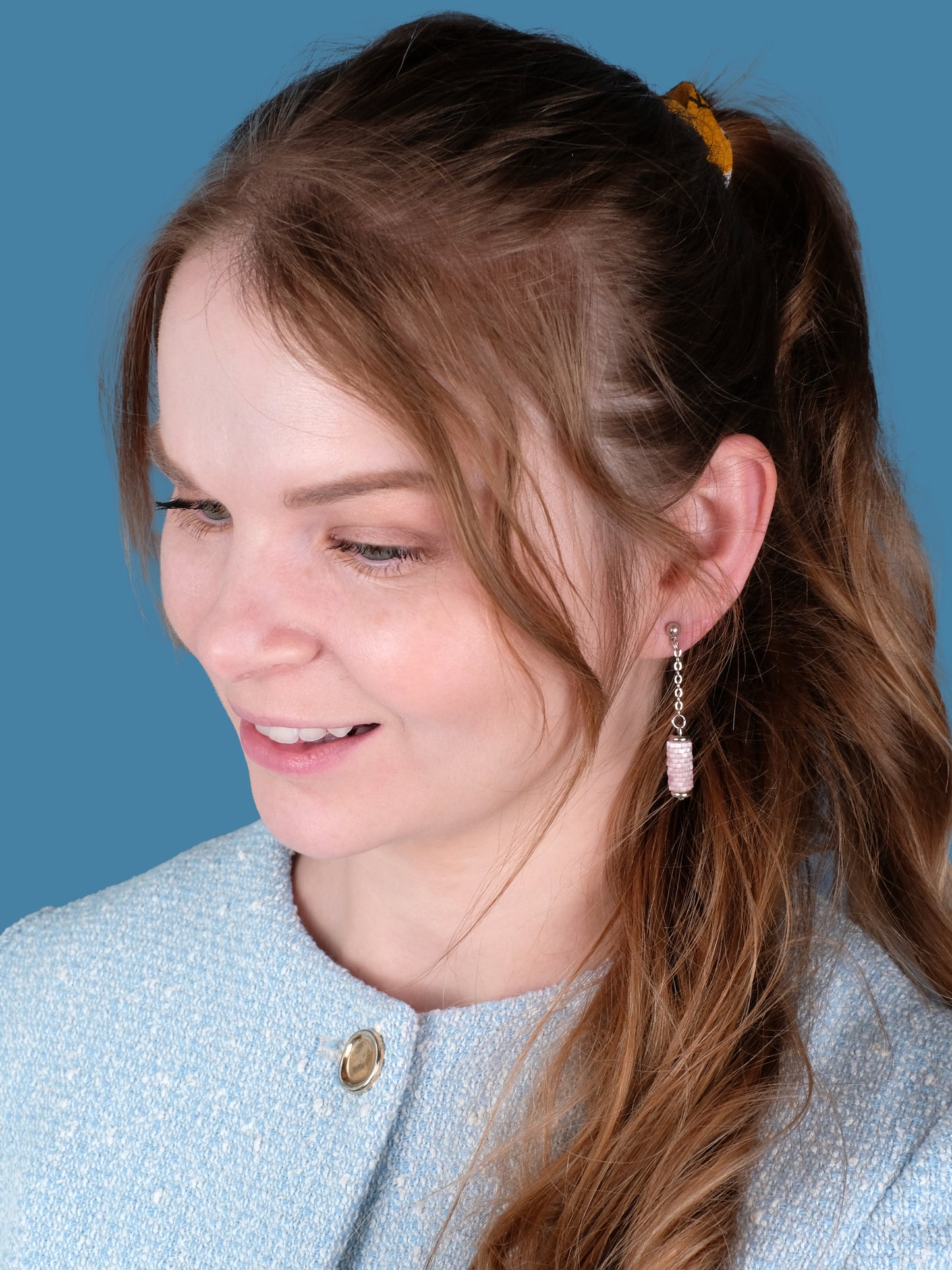 "Primrose" Long Dangle Tube Pink Satin Stud Earrings