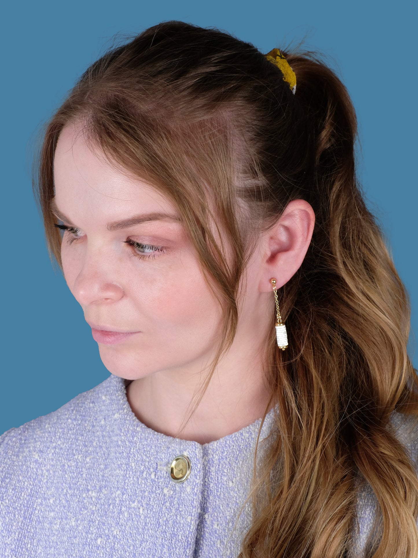 "Ivory" Long Dangle Tube Cream Satin Stud Earrings