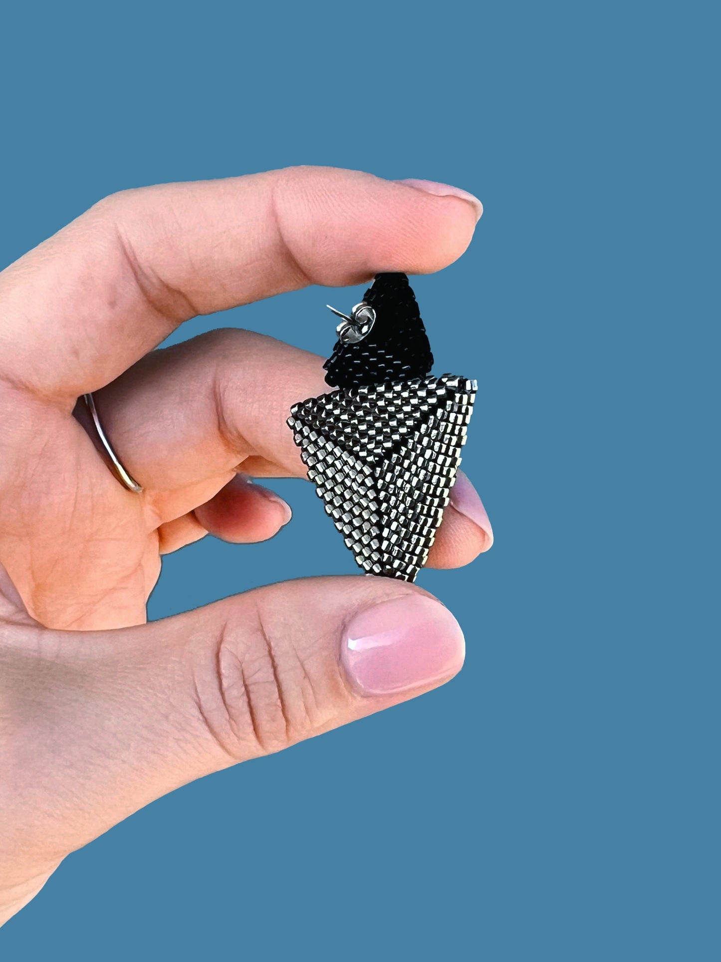 "Thalia" Triangle Dark Silver and Black Beaded Stud Earrings