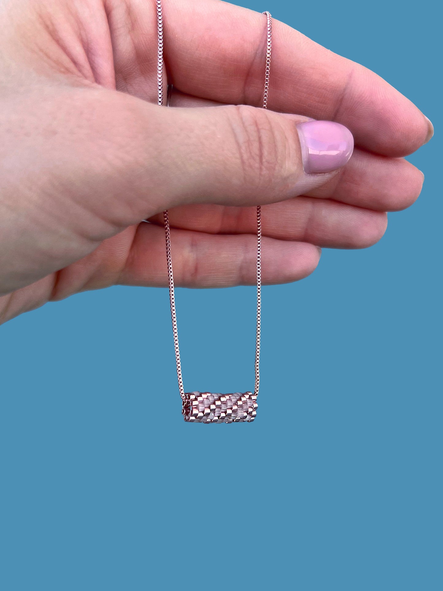 "Rosalie" Rose Gold and Satin Pink Tube Diagonal Pendant Necklace