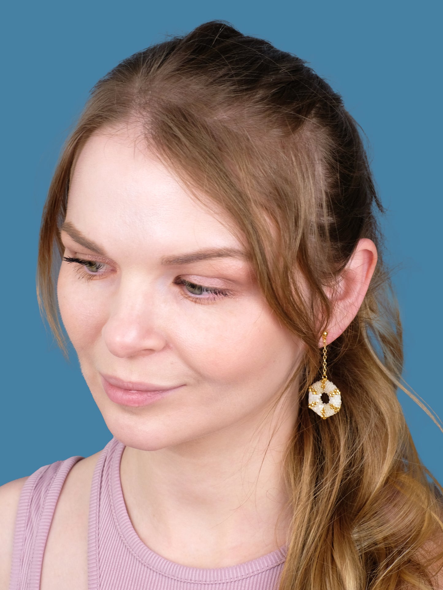 "Celestia Creamy" Hexagon Gold and Cream Satin Dangle Stud Earrings