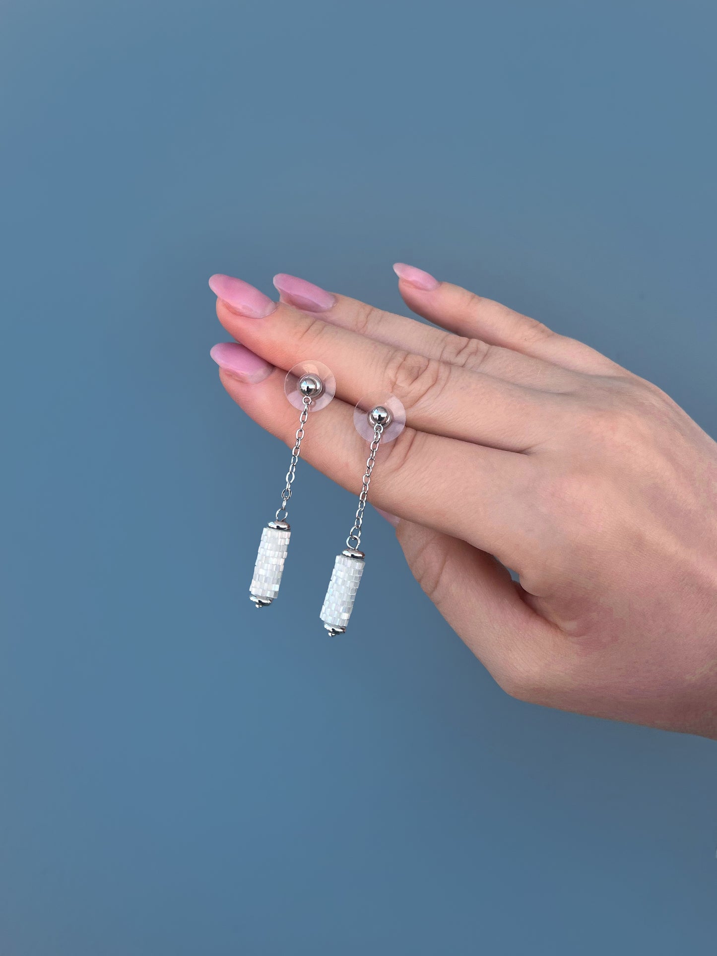 "Eira" Long Dangle Tube Snowflake White Satin Stud Earrings