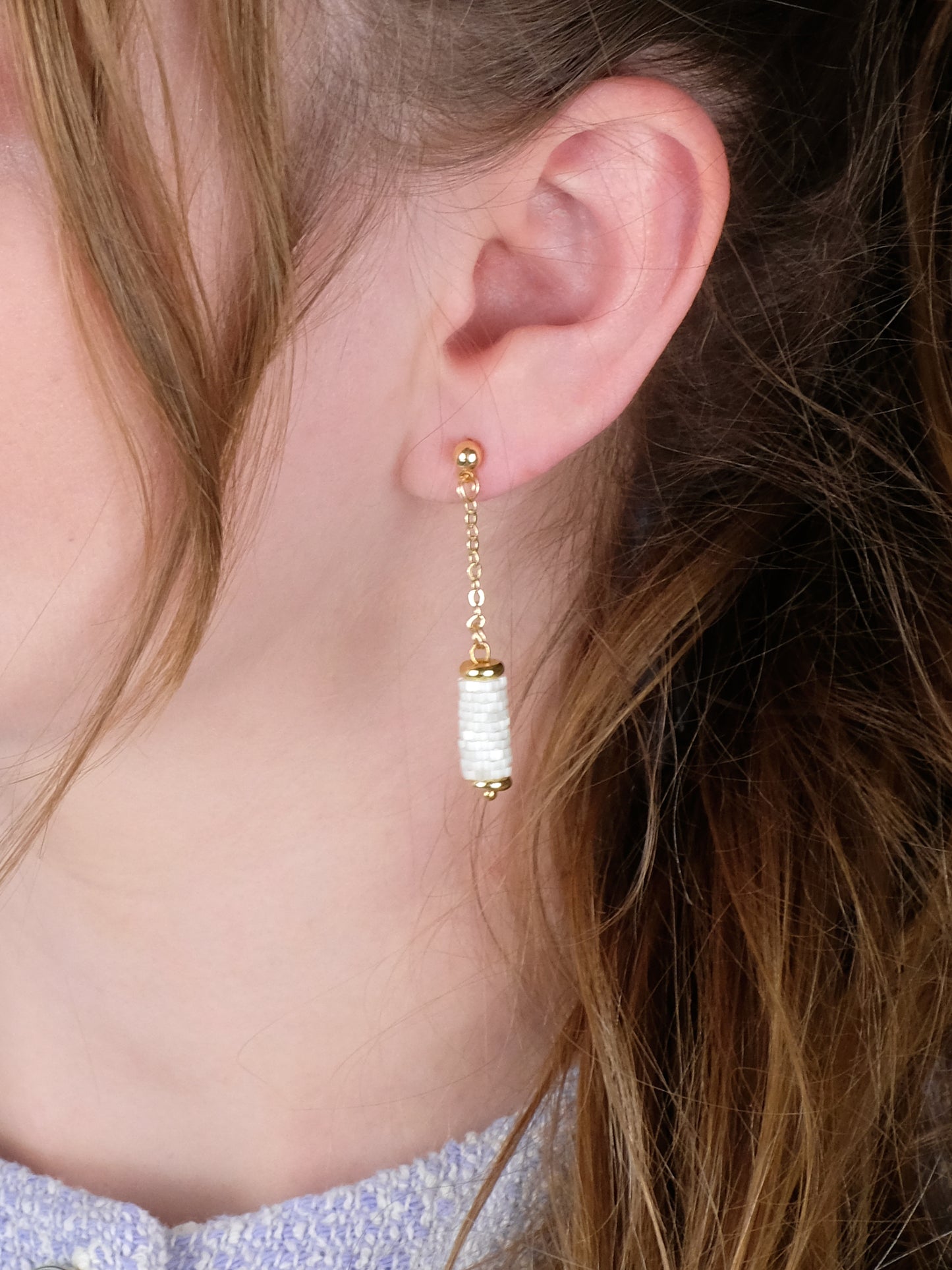 "Ivory" Long Dangle Tube Cream Satin Stud Earrings