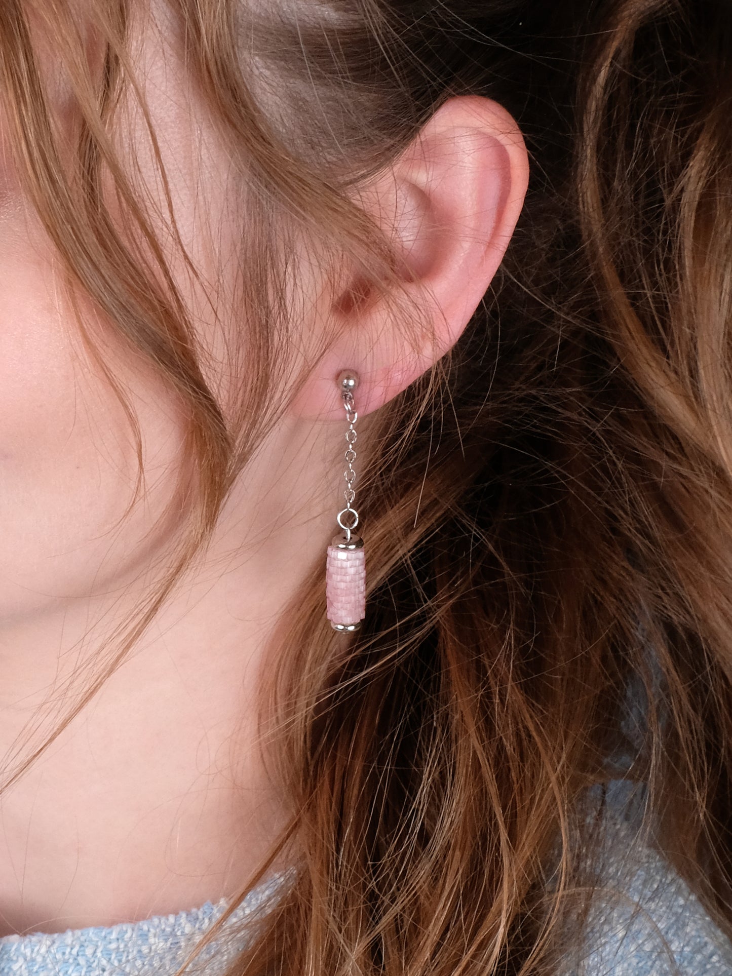 "Primrose" Long Dangle Tube Pink Satin Stud Earrings