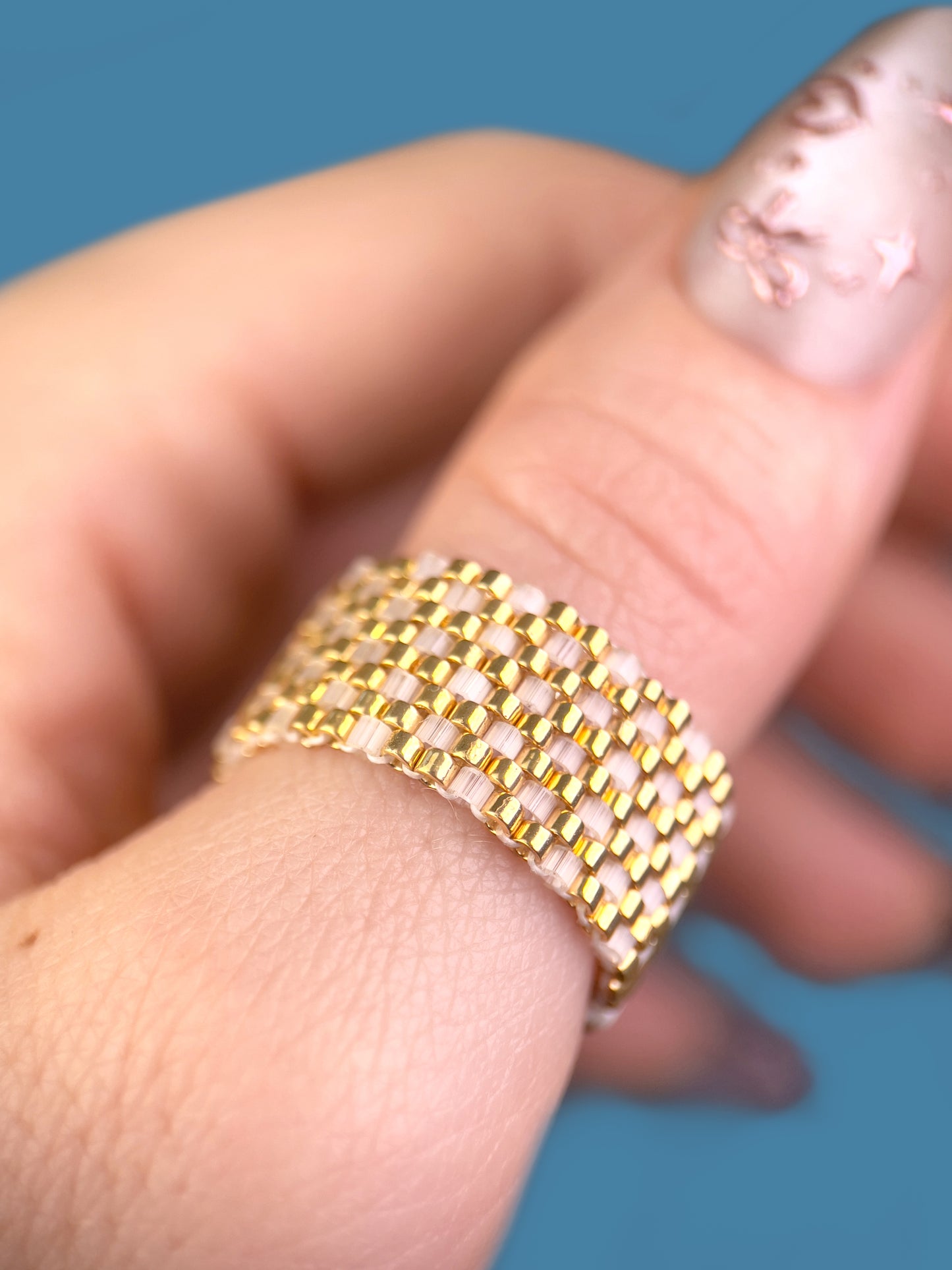 "Dahlia" Gold and Creamy Checkers Seed Bead Ring