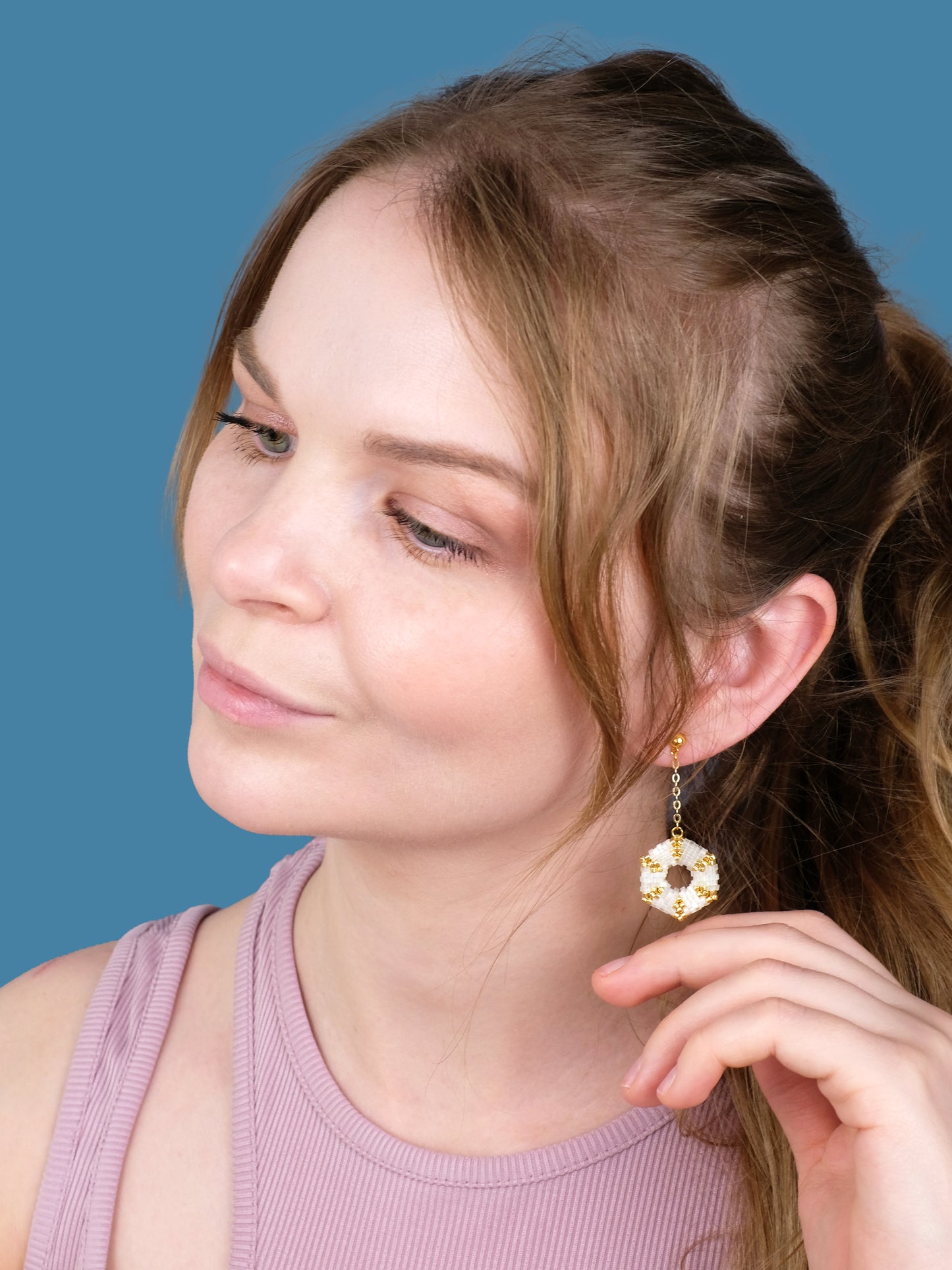 "Celestia Creamy" Hexagon Gold and Cream Satin Dangle Stud Earrings