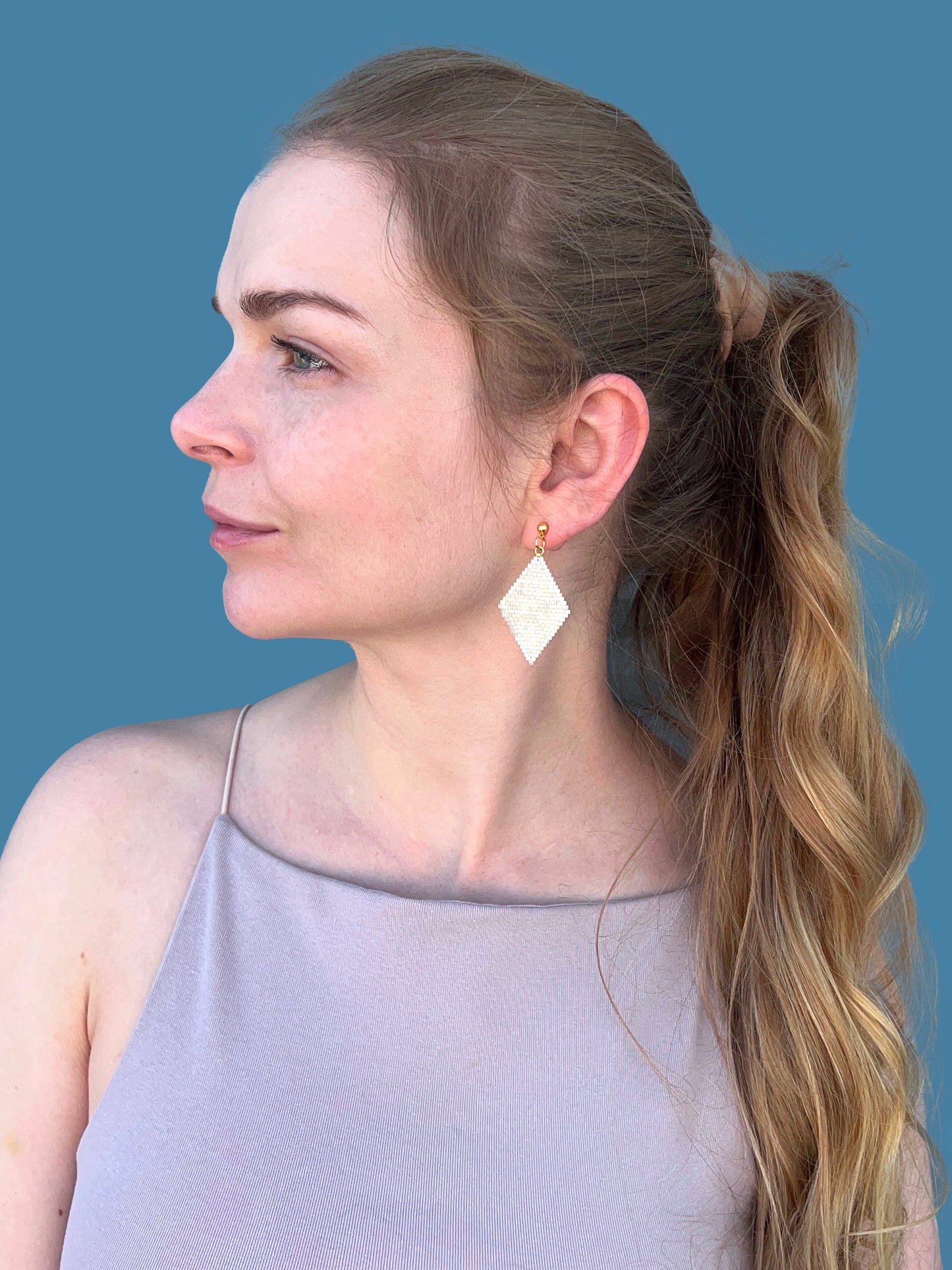 "Aria Creamy" Rhombus Cream Satin Stud Earrings