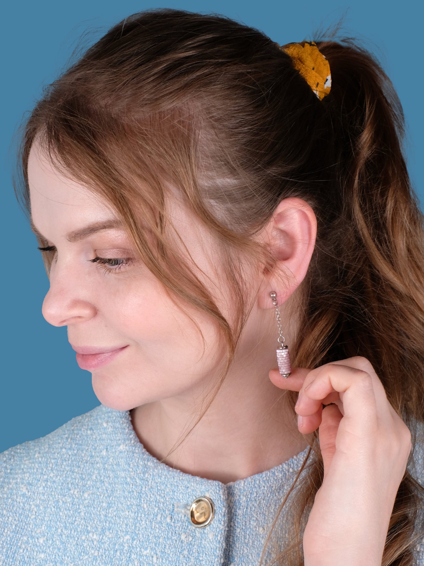 "Primrose" Long Dangle Tube Pink Satin Stud Earrings
