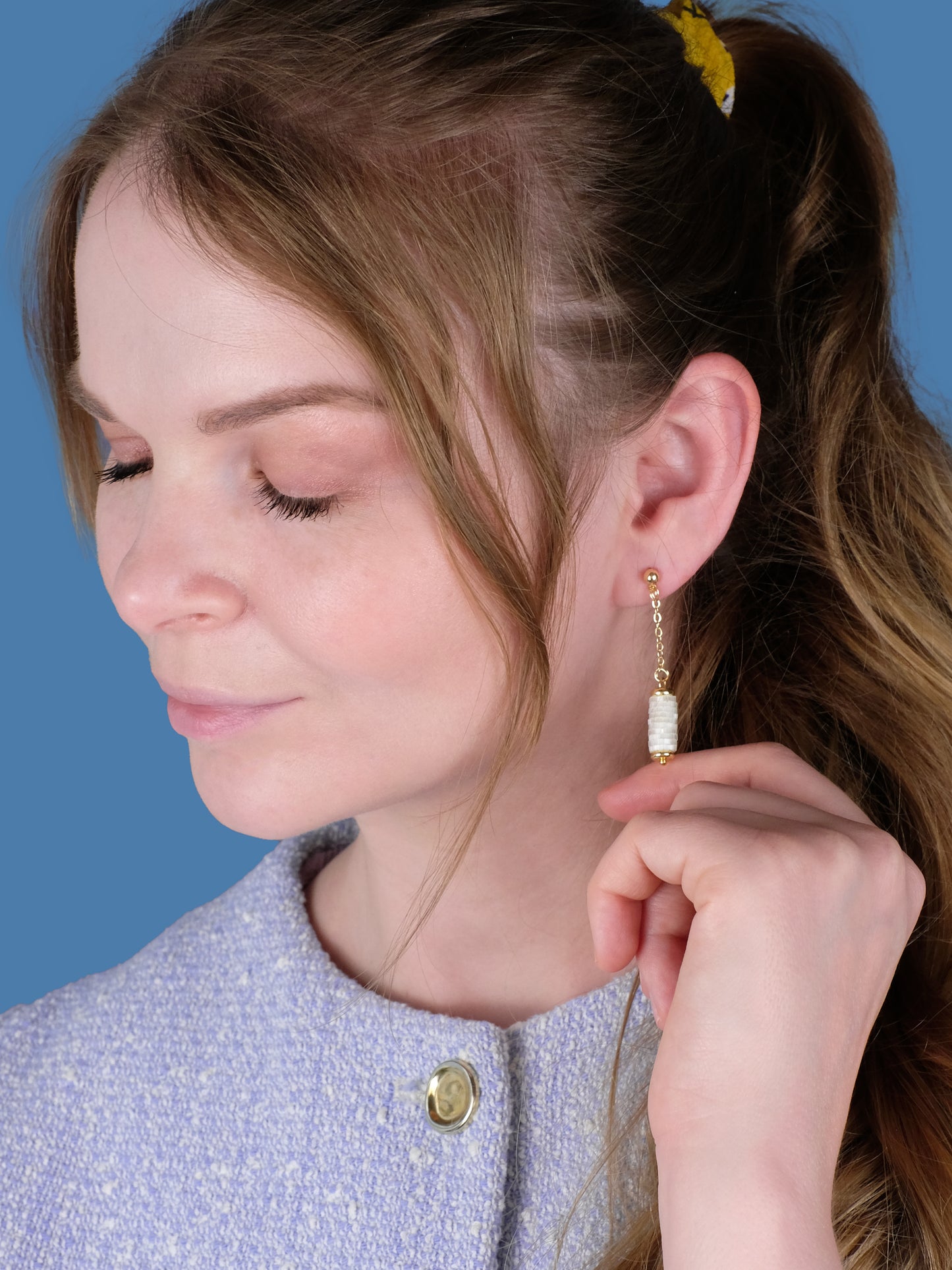 "Ivory" Long Dangle Tube Cream Satin Stud Earrings