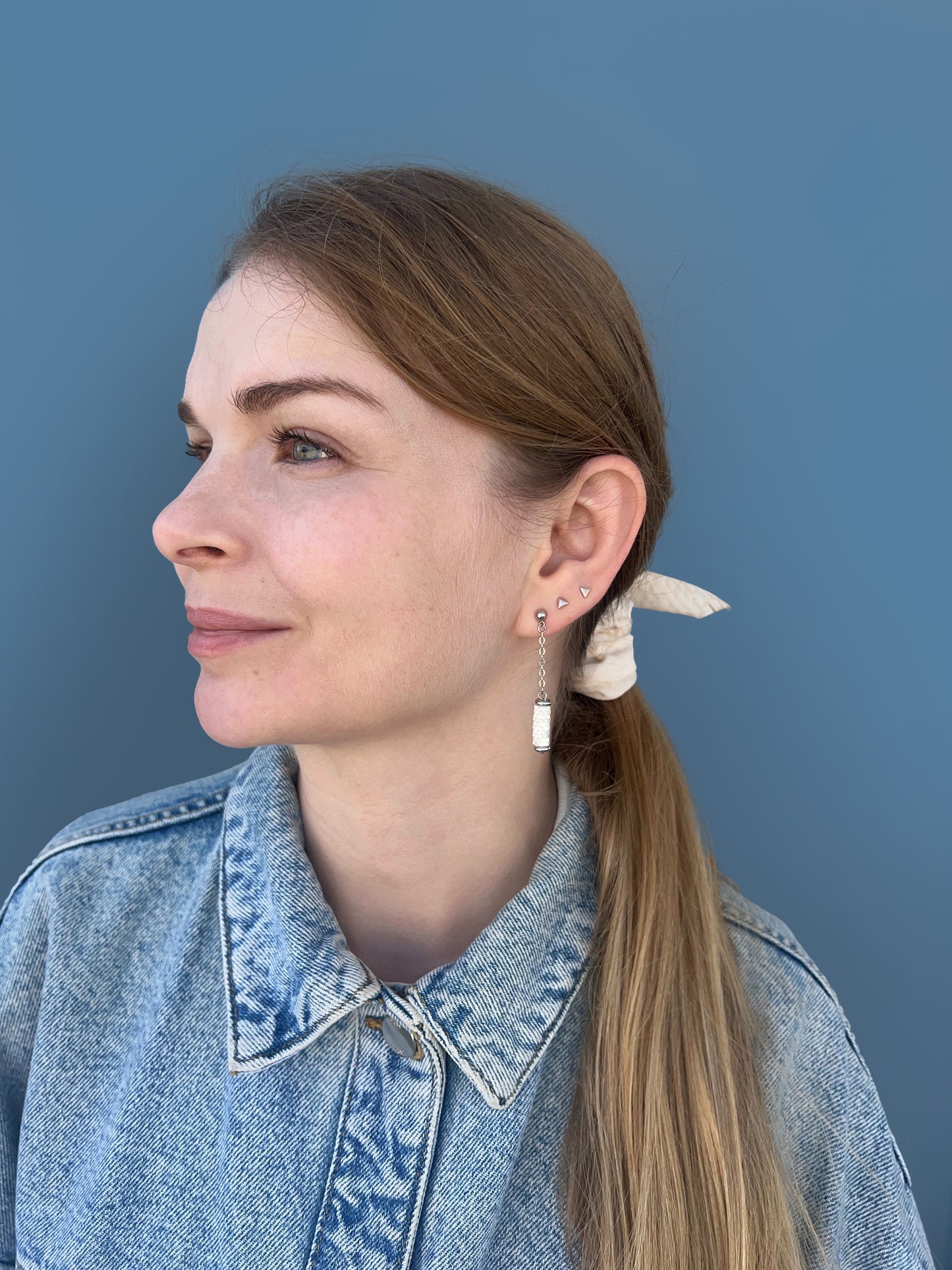 "Eira" Long Dangle Tube Snowflake White Satin Stud Earrings