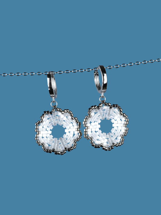 "Fleur Frost" Dangle Flower Snow White Satin and Dark Silver Plated Earrings
