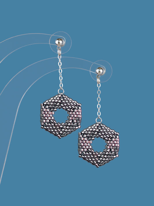 "Celestia Silver" Hexagon Silver Dangle Stud Earrings