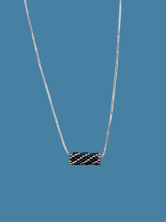 "Sierra" Dark Silver and Black Tube Diagonal Pendant Necklace
