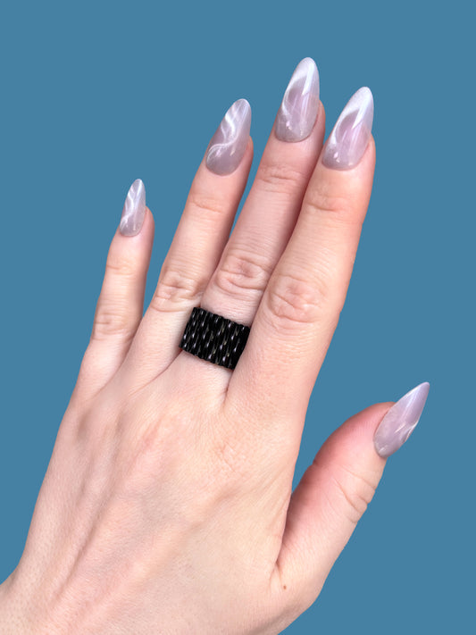 "Abyss" Black Bugle Seed Bead Ring