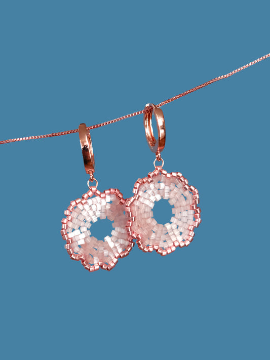 "Fleur Pink" Dangle Flower Rose Gold and Pink Satin Earrings