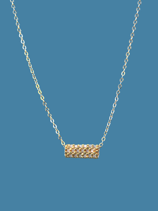 "Dahlia" Gold and Cream Satin Tube Pendant Checkers Necklace