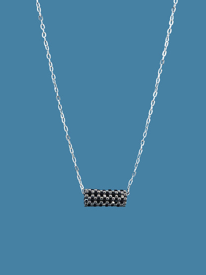 "Harper" Dark Silver and Black Tube Pendant Checkers Necklace