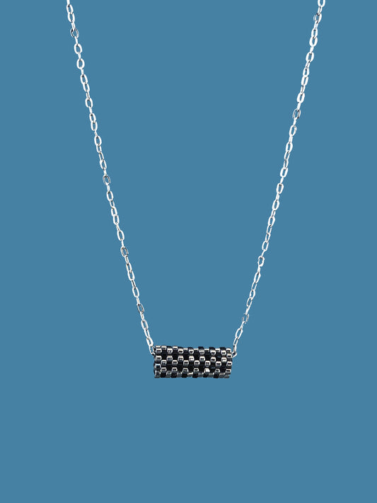 "Harper" Dark Silver and Black Tube Pendant Checkers Necklace