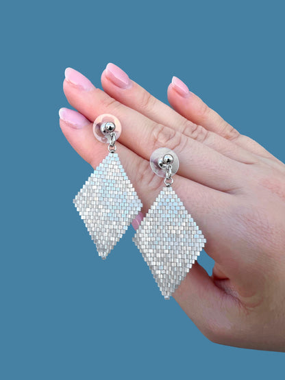 "Aria Frost" Rhombus Snow White Satin Stud Earrings
