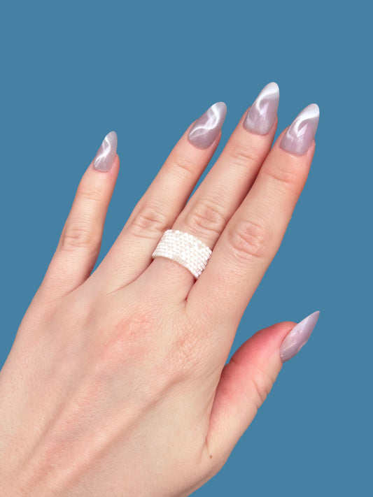"Ivory" Cream Satin Sparkling Seed Bead Ring