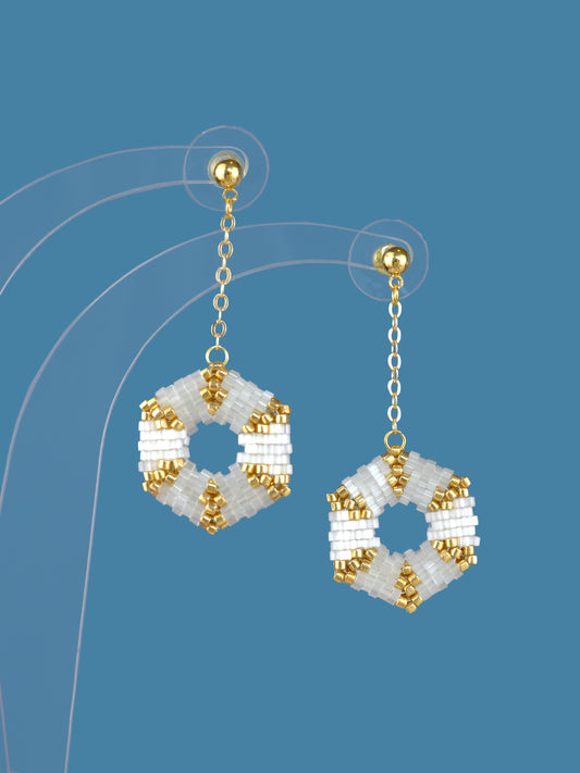 "Celestia Creamy" Hexagon Gold and Cream Satin Dangle Stud Earrings