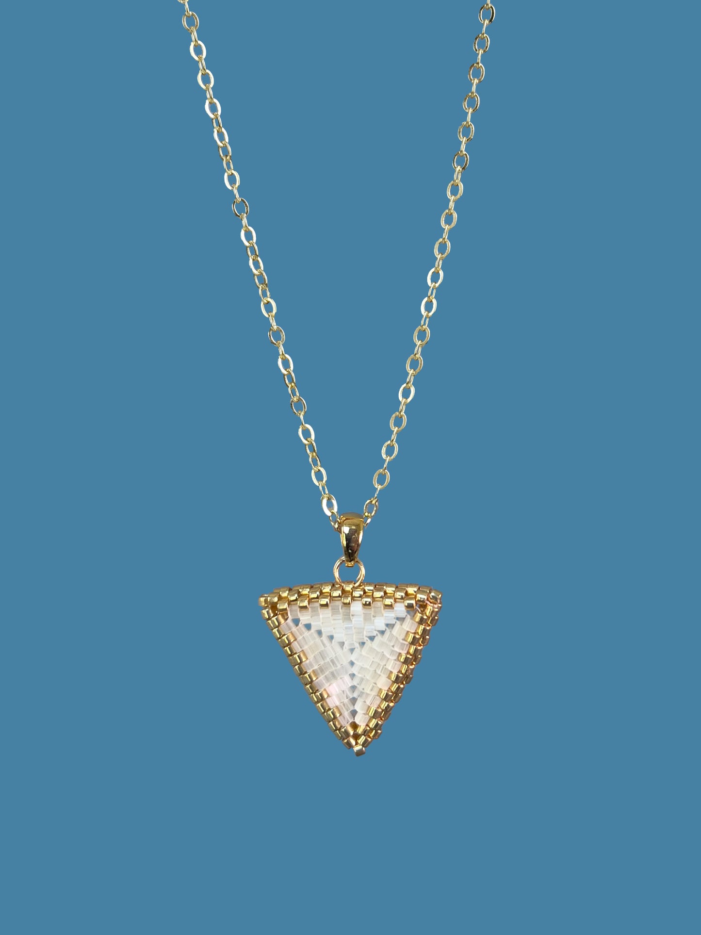 "Astra Creamy" Gold and Creamy Satin Triangle Pendant Necklace