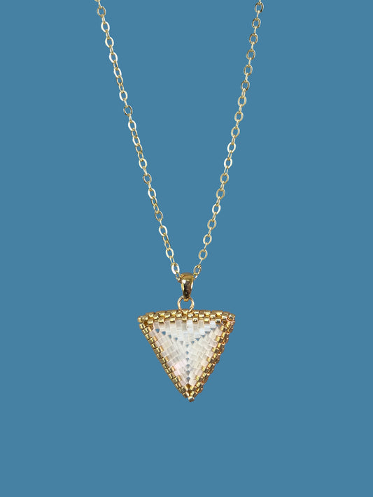 "Astra Creamy" Gold and Creamy Satin Triangle Pendant Necklace