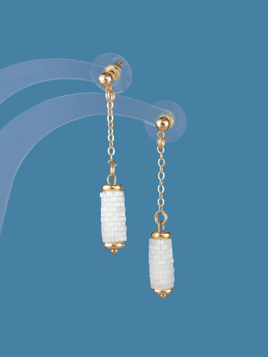 "Ivory" Long Dangle Tube Cream Satin Stud Earrings