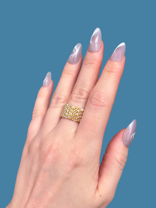 "Dahlia" Gold and Creamy Checkers Seed Bead Ring