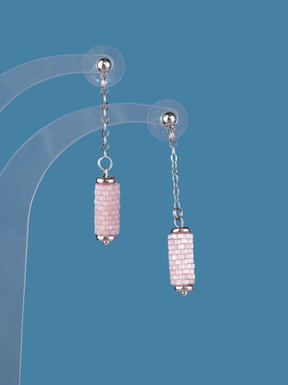 "Primrose" Long Dangle Tube Pink Satin Stud Earrings