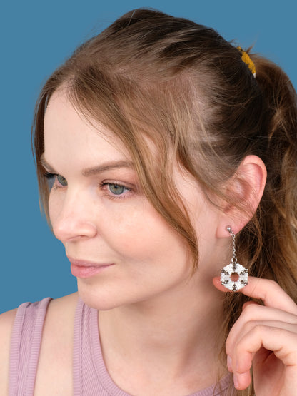 "Celestia Frost" Hexagon Silver and Snow White Satin Dangle Stud Earrings