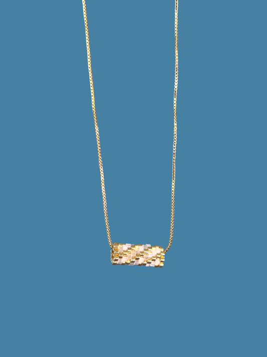 "Allure" Gold and Creamy Satin Tube Diagonal Pendant Necklace