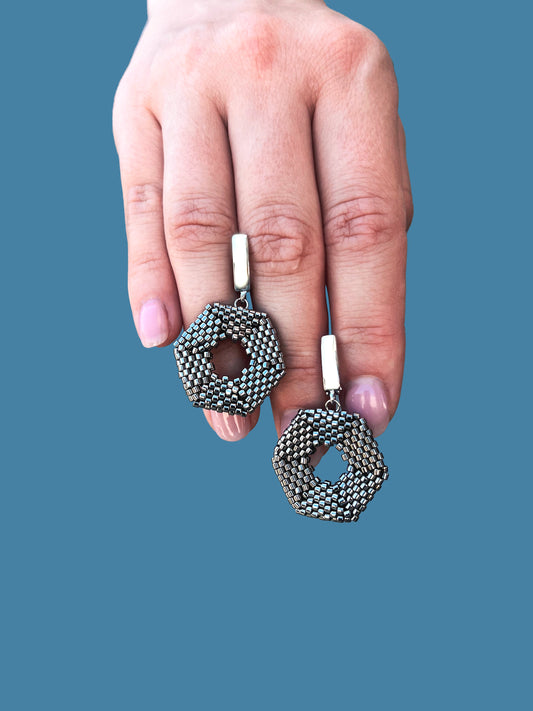 "Selena" Hexagon Dark Silver Beaded Statement Earrings with Silver Plated Findings