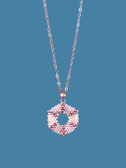 "Celestia Pink" Hexagon Rose Gold and Pink Satin Pendant Necklace