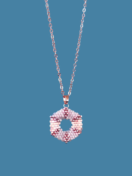 "Celestia Pink" Hexagon Rose Gold and Pink Satin Pendant Necklace