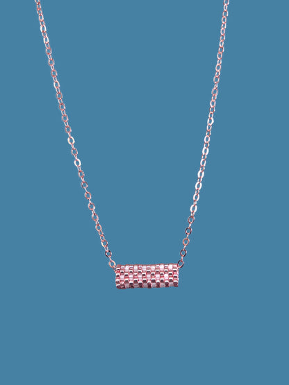 "Sorbet" Rose Gold and Satin Pink Tube Pendant Checkers Necklace