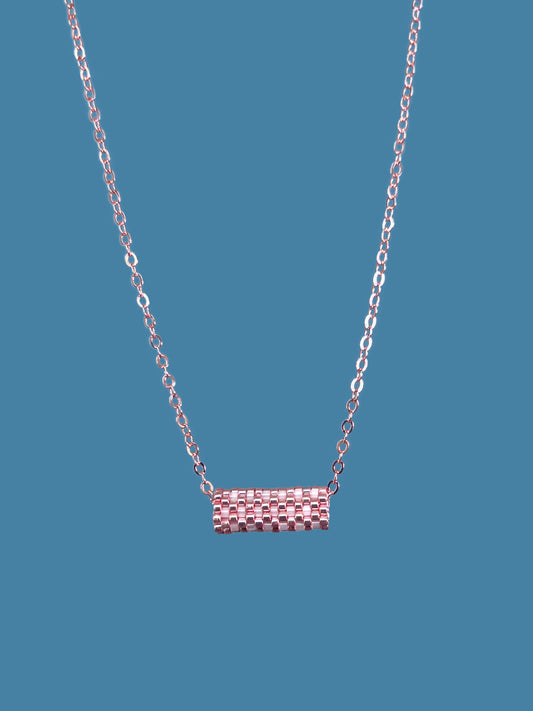 "Sorbet" Rose Gold and Satin Pink Tube Pendant Checkers Necklace
