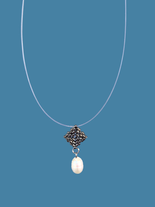 "Elise Silver" Necklace on a String: Dark Silver Pendant with a Pearl