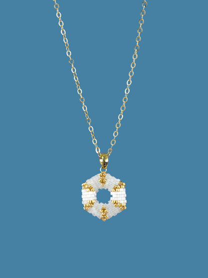 "Celestia Creamy" Hexagon Gold and Creamy Satin Pendant Necklace
