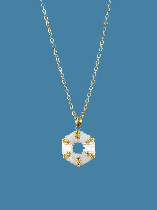 "Celestia Creamy" Hexagon Gold and Creamy Satin Pendant Necklace