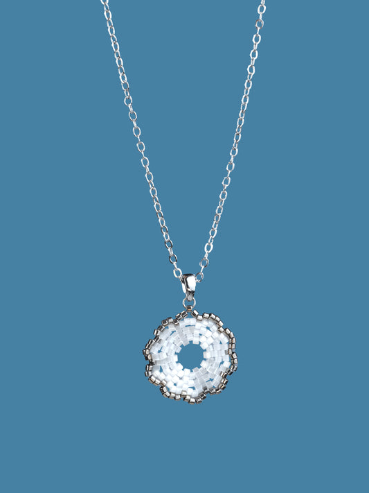 "Fleur Frost"  Flower Snow White Satin and Dark Silver Plated Pendant Necklace