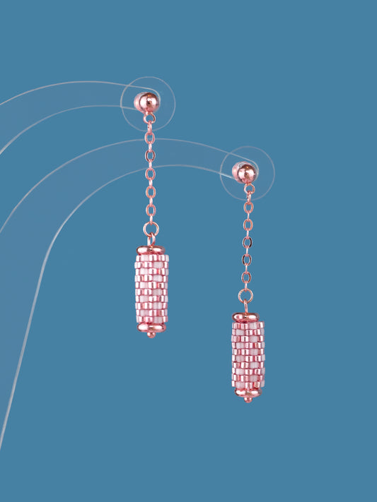 "Sorbet" Long Dangle Tube Rose Gold and Pink Satin Stud Earrings