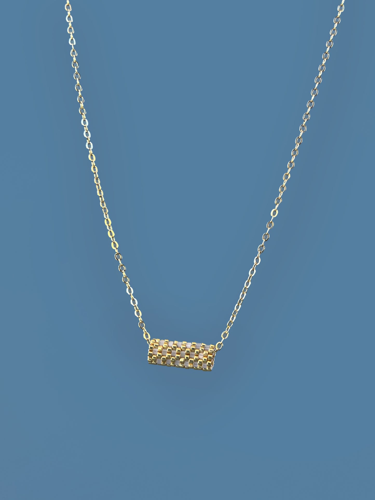 "Dahlia" Gold and Cream Satin Tube Pendant Checkers Necklace