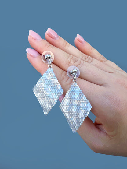 "Aria Frost" Rhombus Snow White Satin Stud Earrings