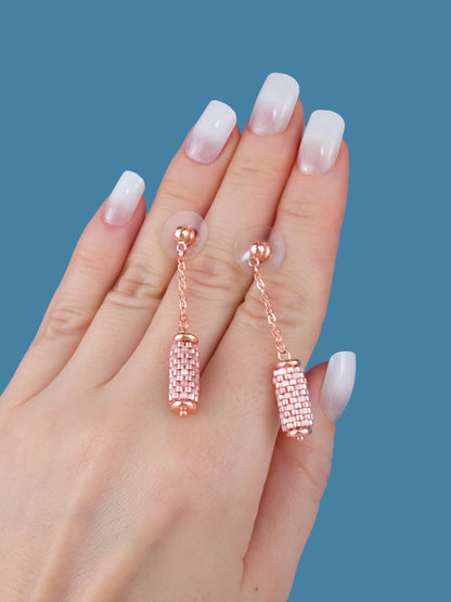 "Sorbet" Long Dangle Tube Rose Gold and Pink Satin Stud Earrings
