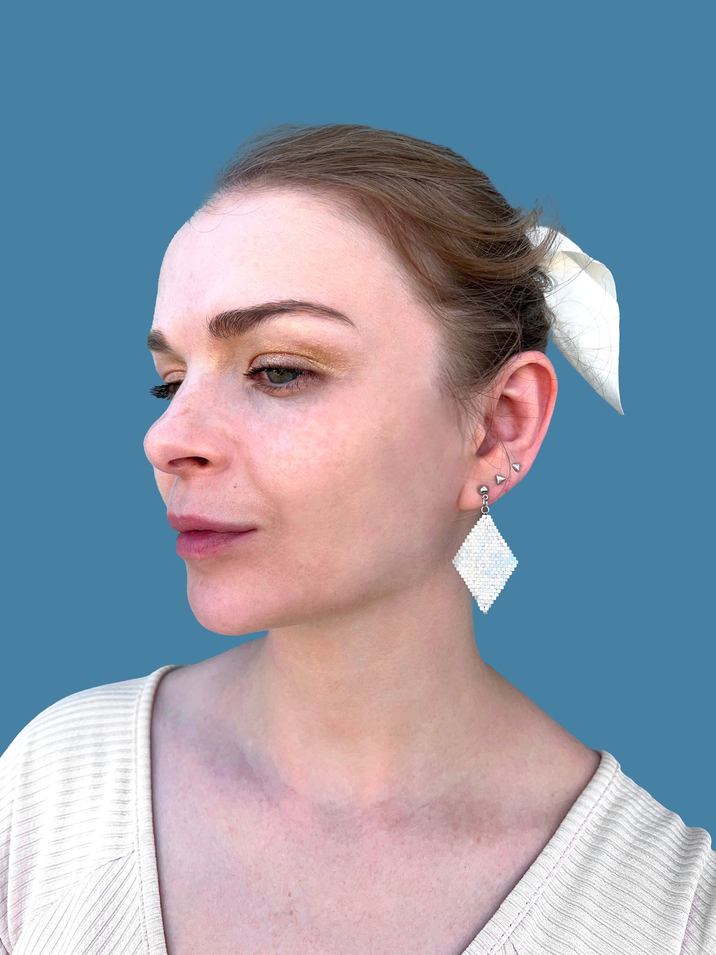 "Aria Frost" Rhombus Snow White Satin Stud Earrings
