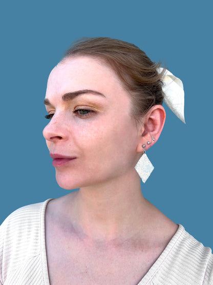"Aria Frost" Rhombus Snow White Satin Stud Earrings
