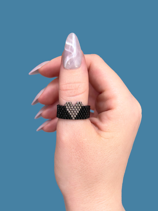"Sable" Silver Heart Seed Bead Ring
