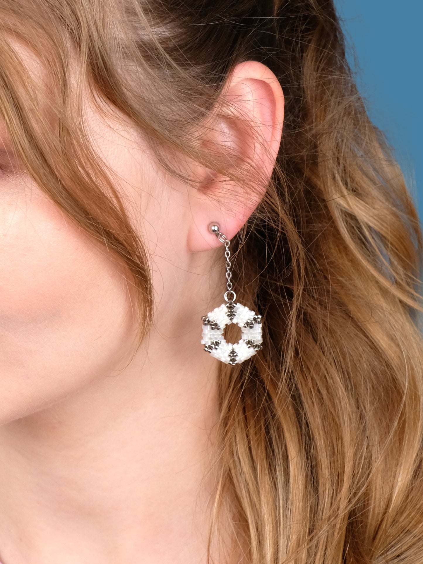 "Celestia Frost" Hexagon Silver and Snow White Satin Dangle Stud Earrings