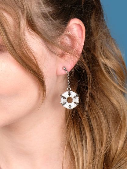 "Celestia Frost" Hexagon Silver and Snow White Satin Dangle Stud Earrings